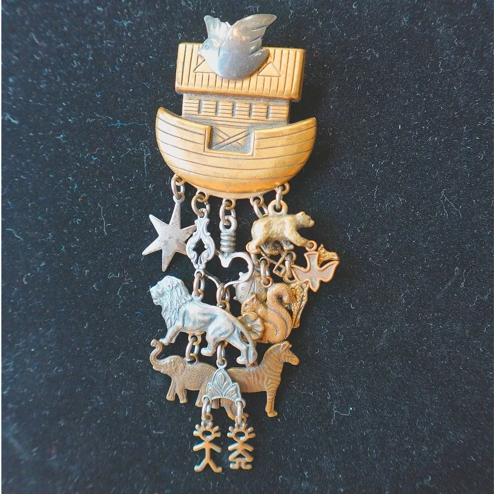 Vintage Noah's Ark Brooch or Pendant Bronze & Silver Tone 4 inch Dangle Jewelry